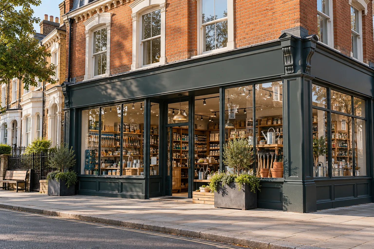 Illustrative view of a well-kept independent shop on a British high street